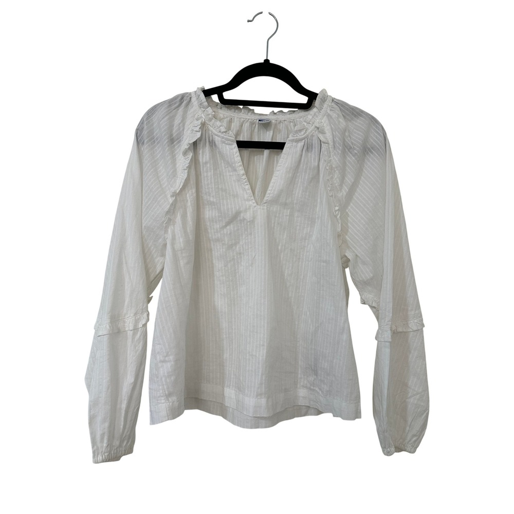 Old Navy Womens XS White Dobby Stripe Ruffle Long Sleeve Cotton Top Boho Cottage
